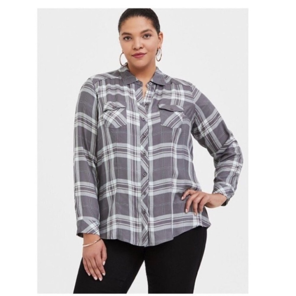 Torrid Taylor Grey Plaid Twill Button Front Slim Fit Shirt Plus Size 2X